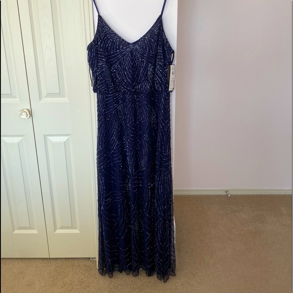 NWT Navy Beaded Gown with Spaghetti Straps Size 14